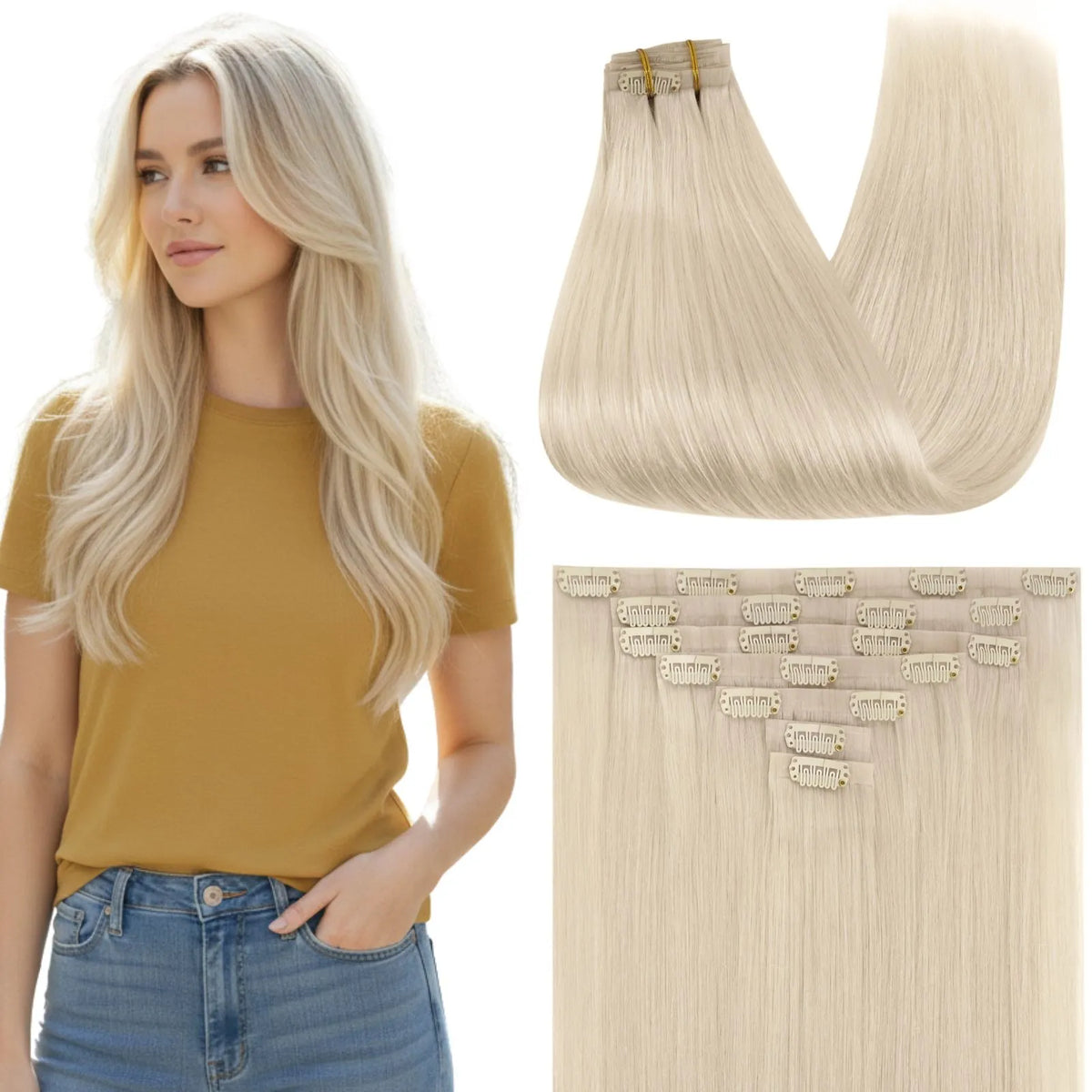 Invisible PU Weft Clip in Extensions Blonde Injection PU Clip Ins 100% Real Human Hair #60