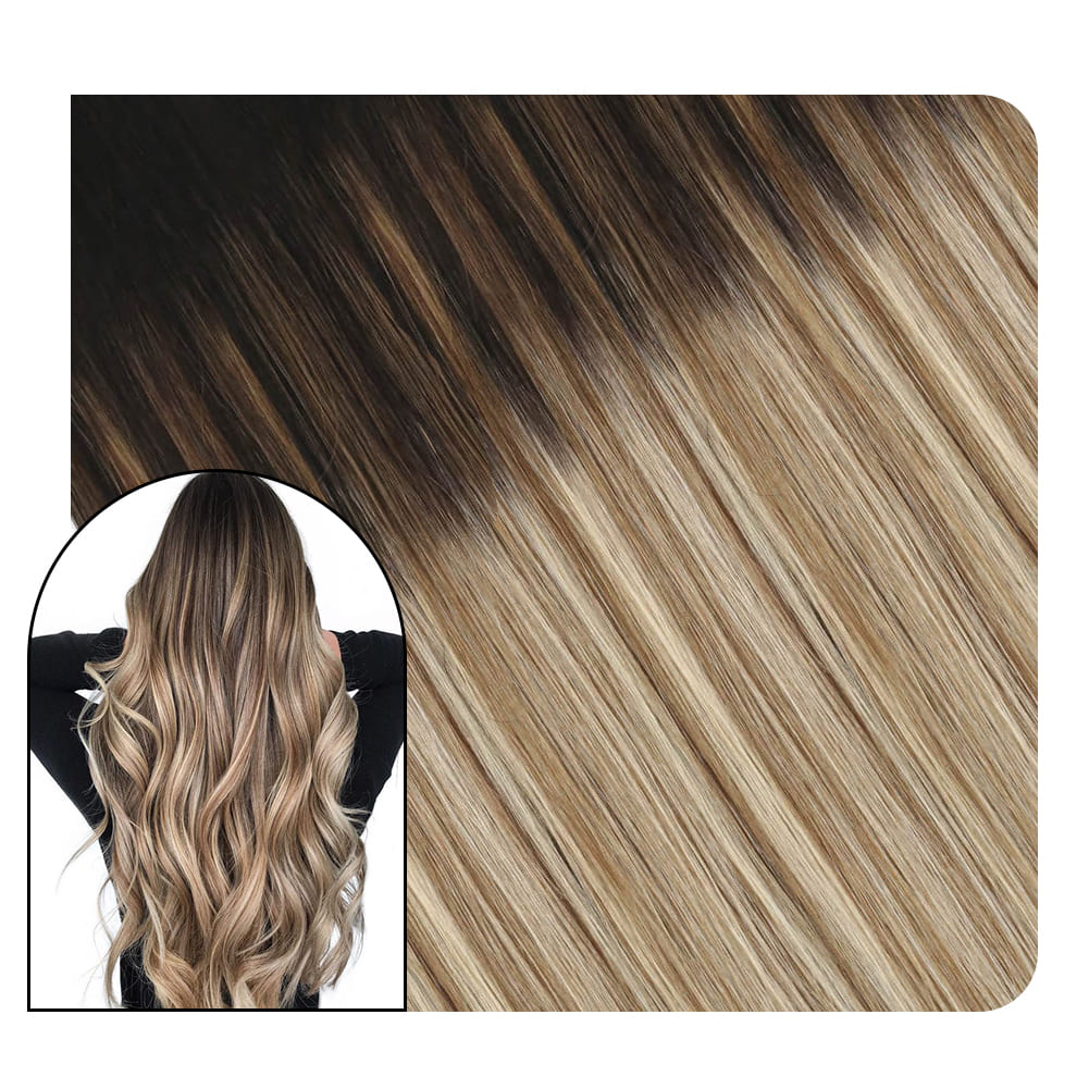 Tape in Hair Extensions Glue in Natural Balayage Color Blonde Tone #1b/10/60