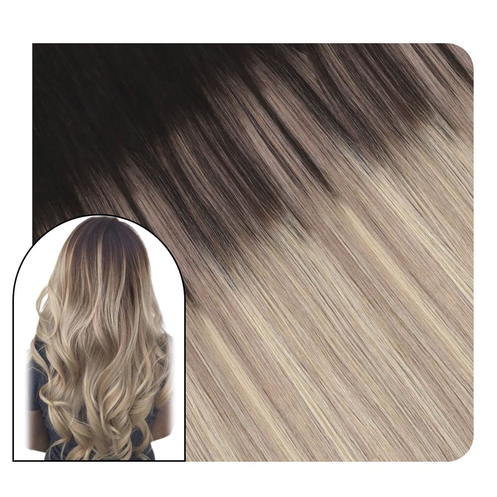Remy Tape in Hair Extensions Ombre Darkest Brown with Ash Blonde #1B/18/60