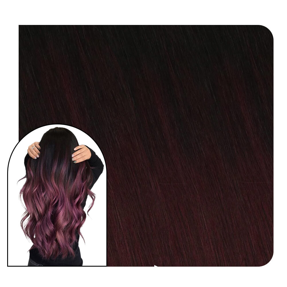 Balayage Color Black to #99J Red Wine Skin Weft Tape on Hair Extensions 1b/99j