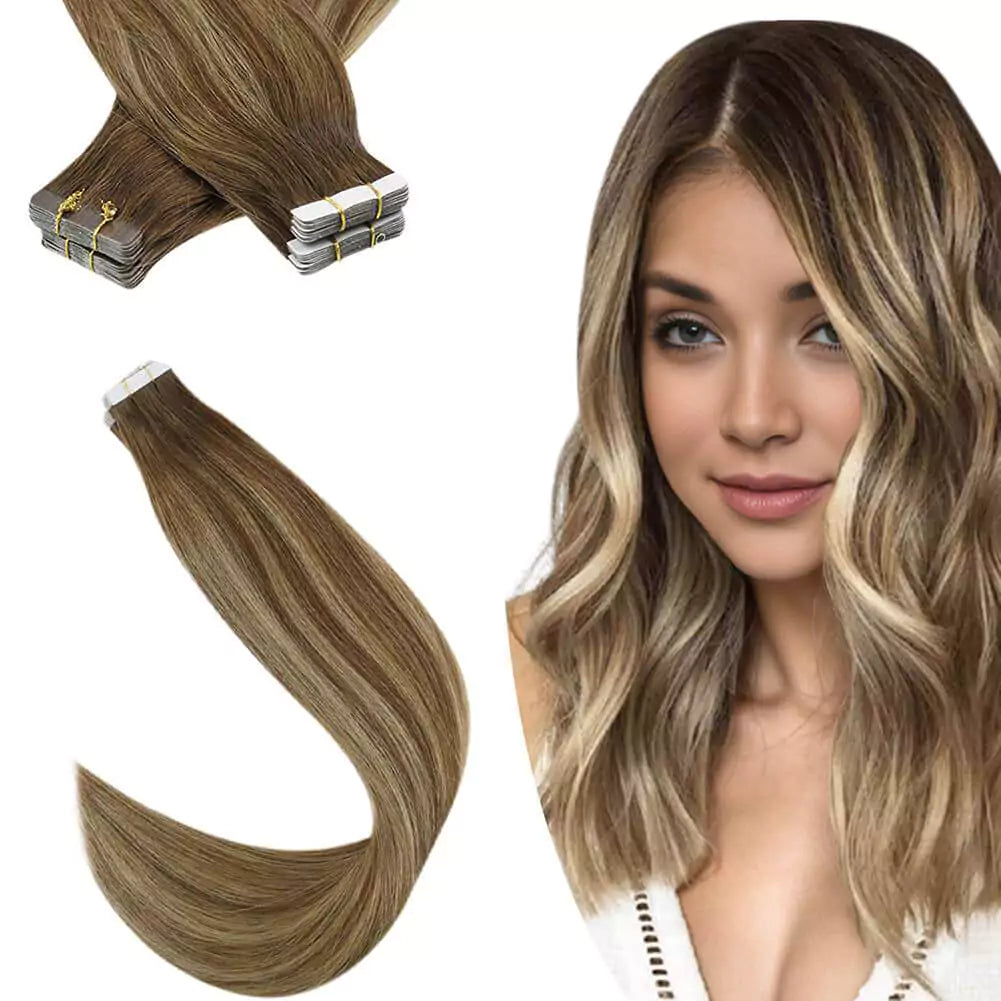 Virgin Hair] Brown Hightlighted Tape in Real Human Virgin Hair Extensions 4/27