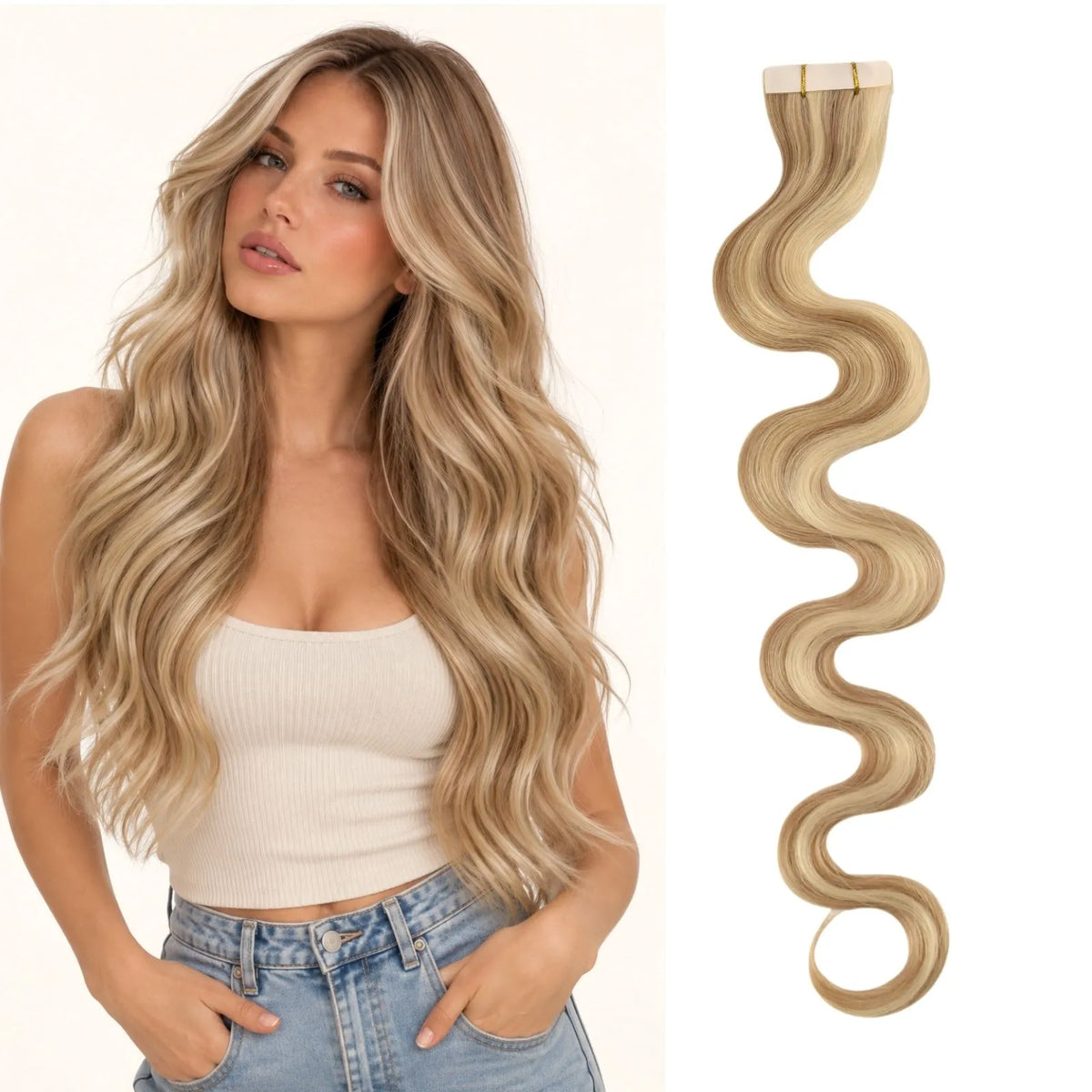 Body Wavy Inject Tape in Extensions Ash Blonde Highlighted Bleach Blonde P18/613