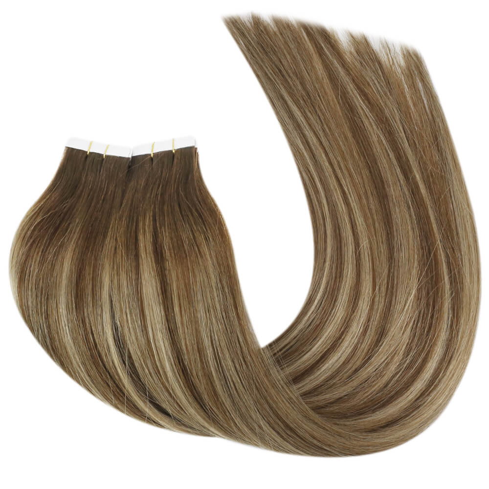 invisible tape in human hair extensions brown with blonde