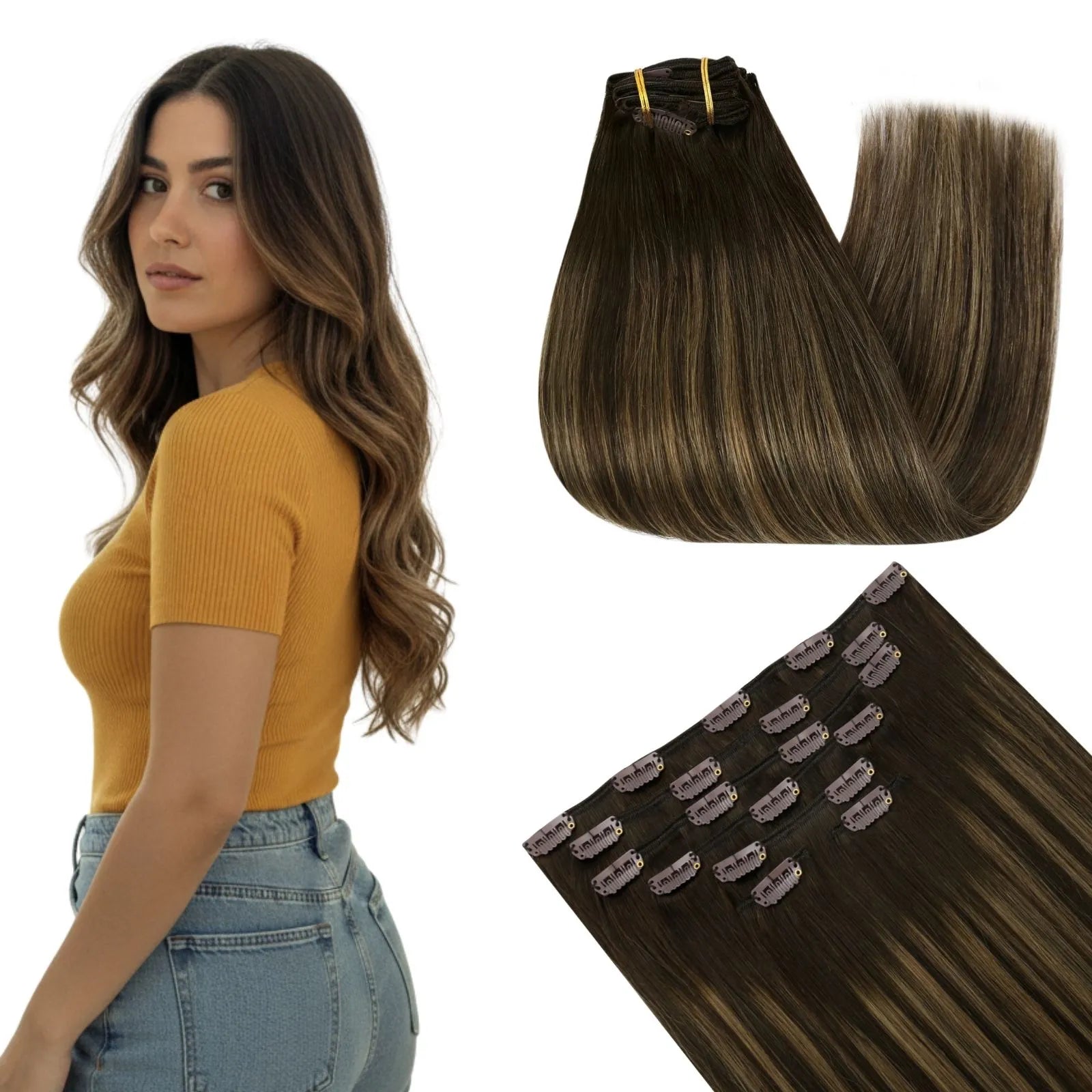 Thickened Clip in Hair Extensions Remy Human Hair Mocha Brown For Women #2/2/6