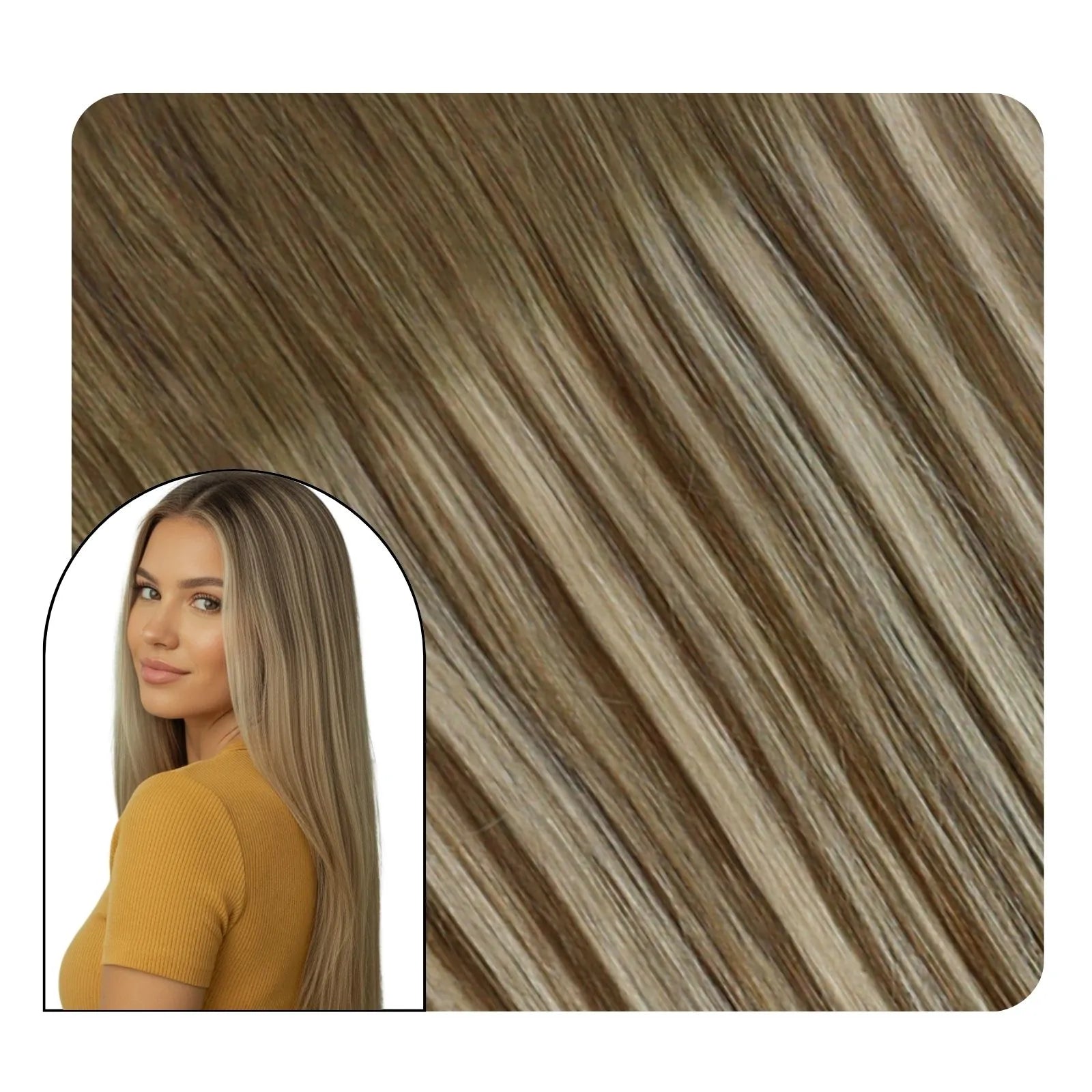 7Pcs Thickened Clip in Remy Human Hair Extensions Balayage Ash Brown Blonde #6/60/6