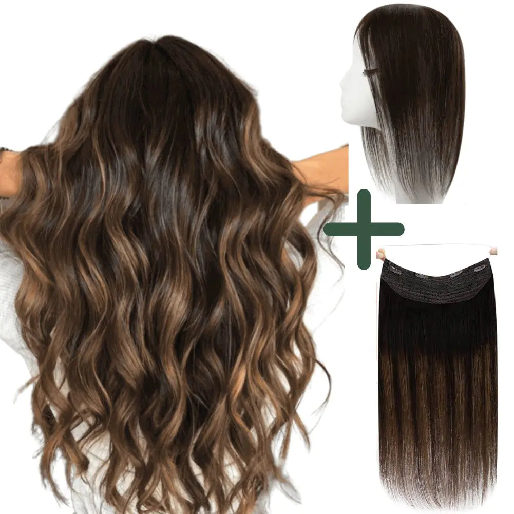 150% Density Remy Topper Dark Brown #2 And Halo Hair extensions Brown Highlight #2/6/2
