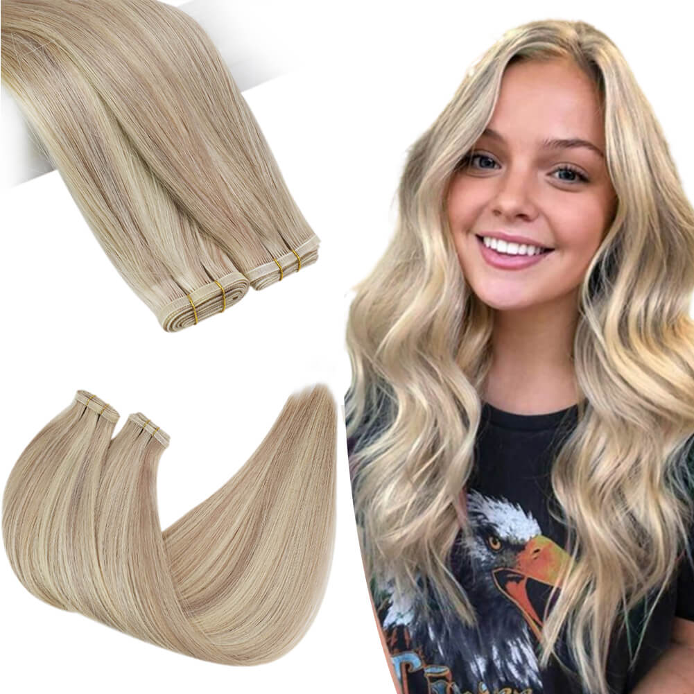 Flat Silk Weft Hair Extensions Virgin Hair Ash Blonde with Bleach Blonde 18/613