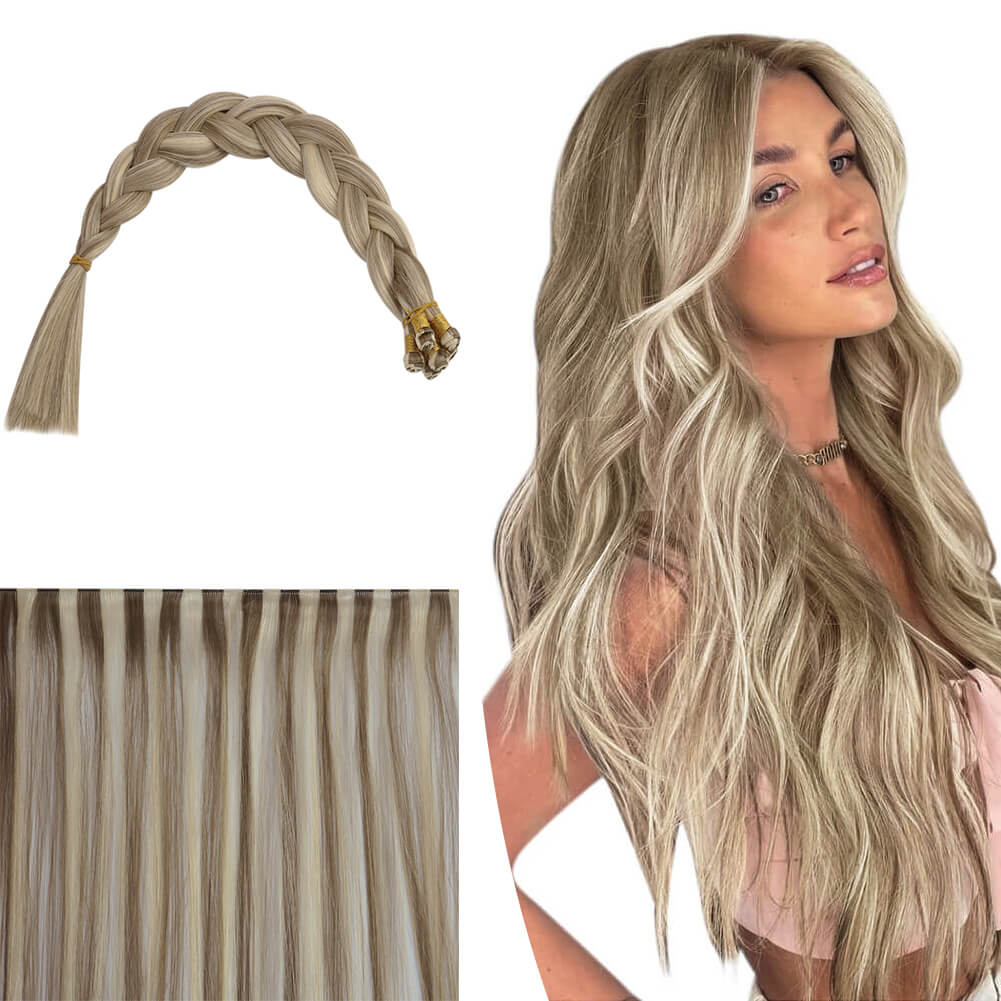 Hand-tied Real Human Hair Weft Highlithed Brown With Blonde P8/60