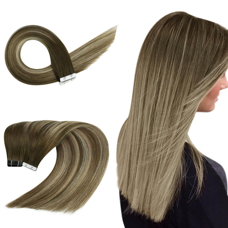 Tape in Extensions 100% Real Human Hair Balayage Color #4/8/27/4