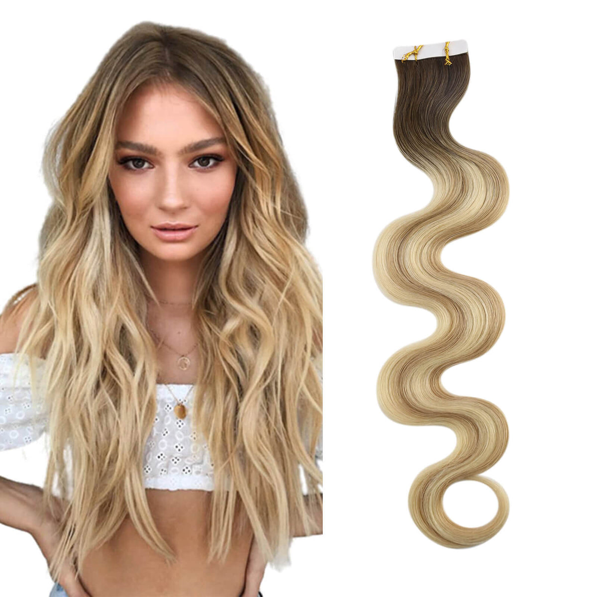 Beach Wavy PU Tape in Extensions Balayage Brown With Blonde #2/18/22