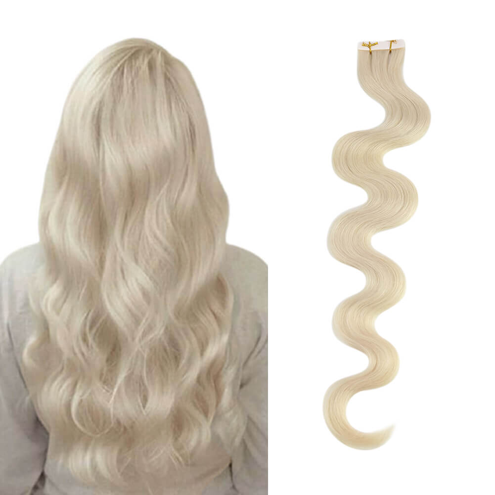 Beach Wave Virgin Tape in Hair Extensions White Blonde Color #1000