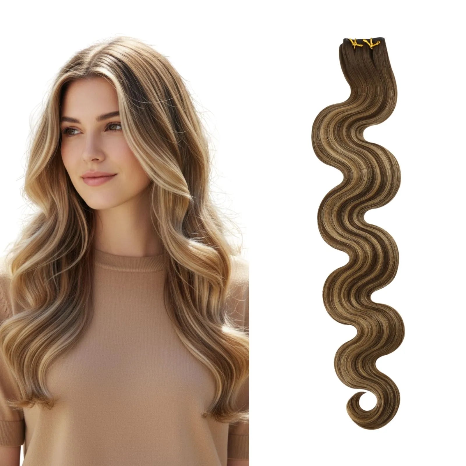 [Pre-sale] Seamless Butterfly Human Hair Extensions Wavy Balayage Brown #4/27/4
