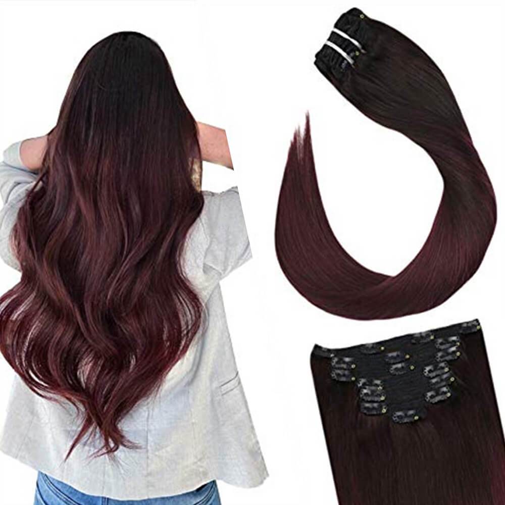 Ugeat Clip in Hair Extensions Human Hair Extensions Human Hair Natural Balayage Color Off Black Ombre to Red Wine Hair