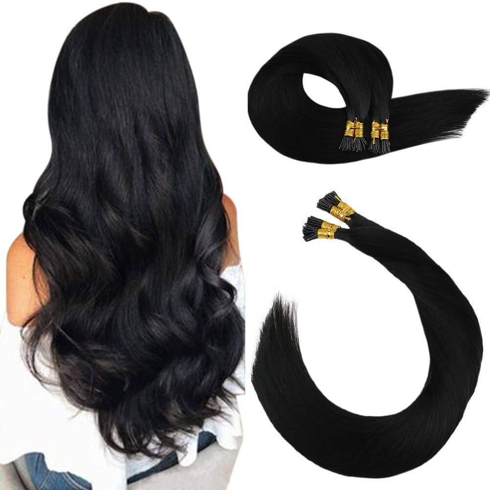 Jet Black I tip Remy Human Hair Extensions Cold Fusion Hair #1