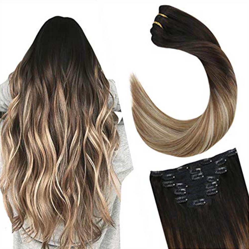 Clip in Hair Extensions Human Hair Double Weft Clip ins Balayage #1B Black to #10 Brown and #60 Platinum Blonde