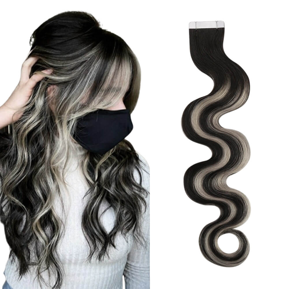 Body Wavy Injected Tape in Hair Extensions Human Hair 1B/Silver/1B