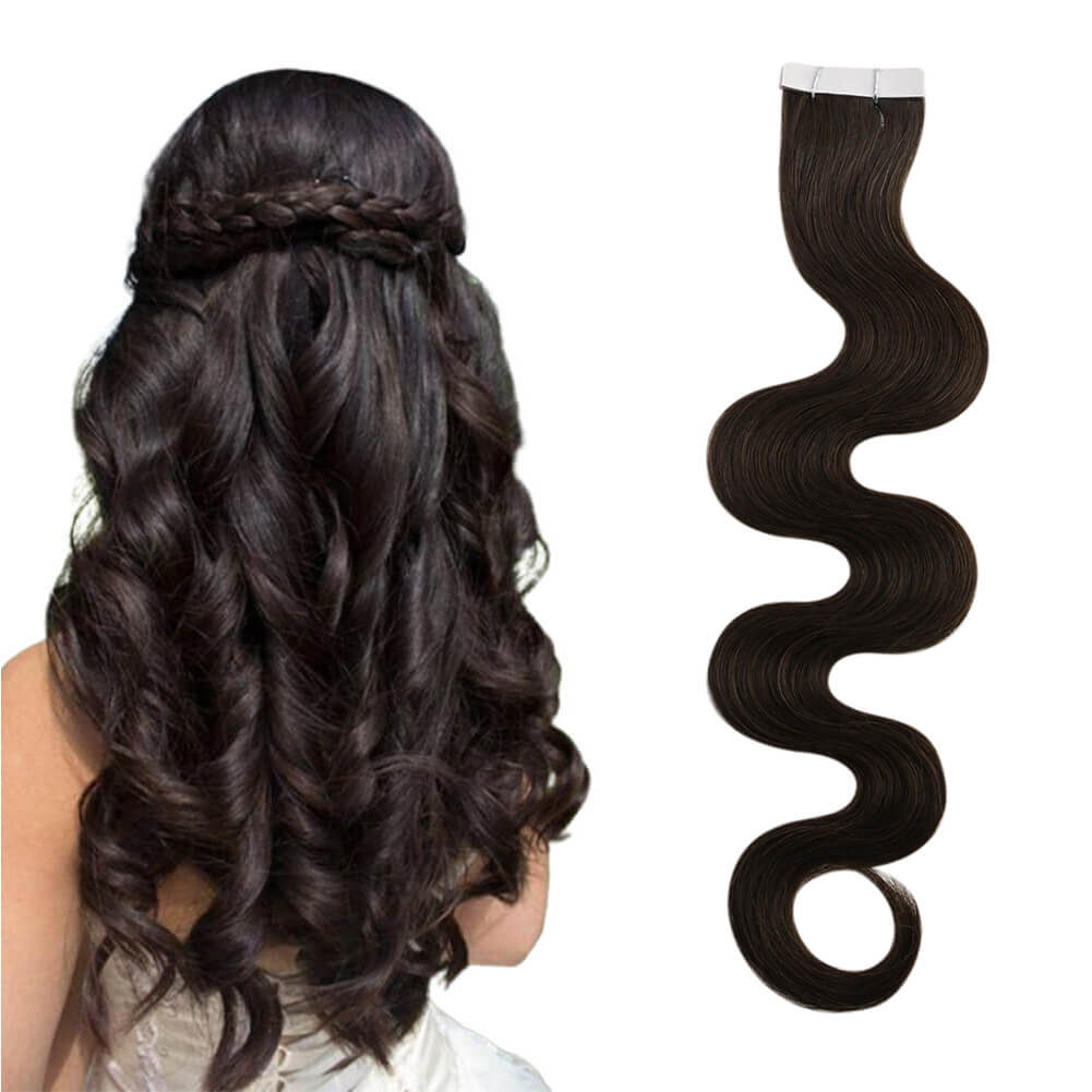 Body Wave Tape in Hair Extensions Pure Color Dark Brown #2