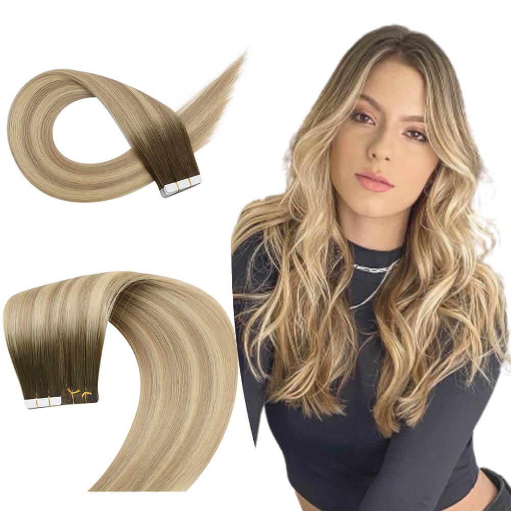 [Virgin+] Tape in Hair Extensions Human Hair Balayage Brown With Blonde 4/10/16