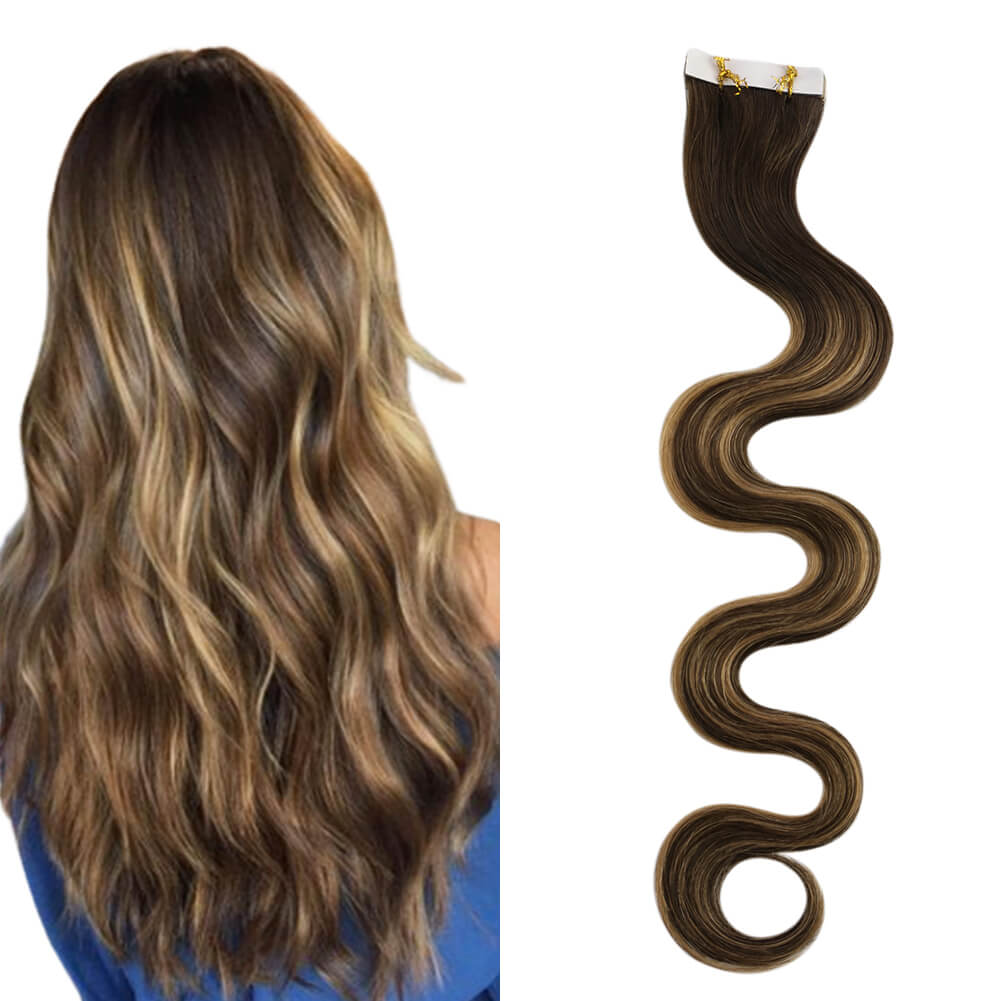 Body Wavy Balayage Ombre Tape in Hair Extensions Human Hair #BM
