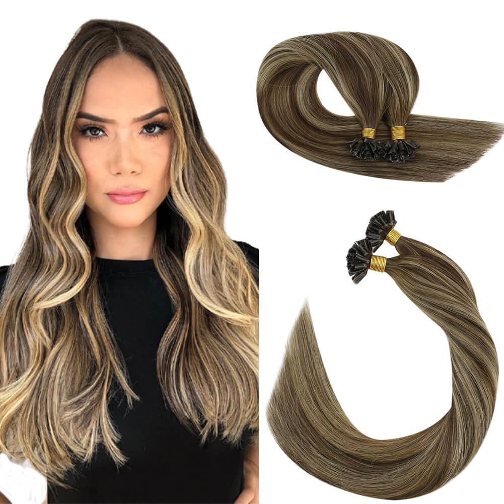 Ugeat U Tip Hair Extensions Human Hair 18Inch Balayage Brown with Blonde