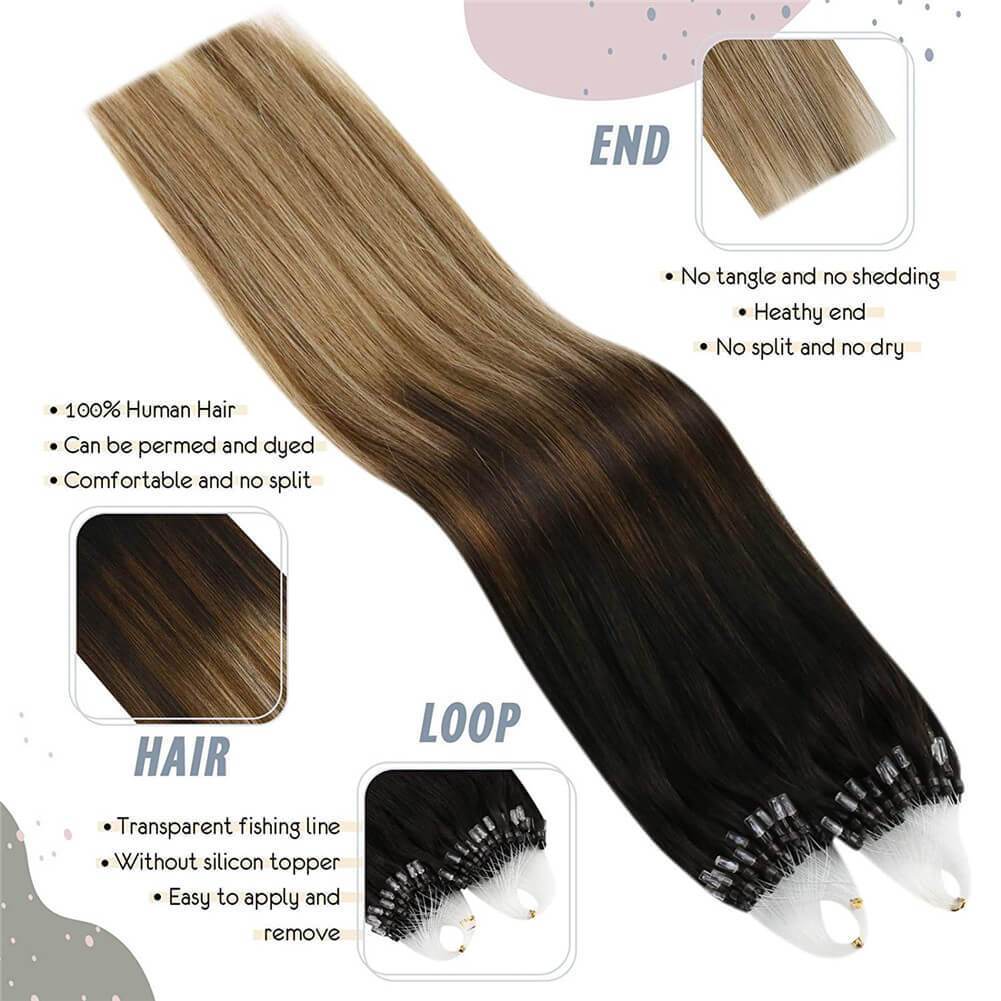 Micro Rings Hair Extensions Remy Human Hair Balayage #2 Brown with Blonde