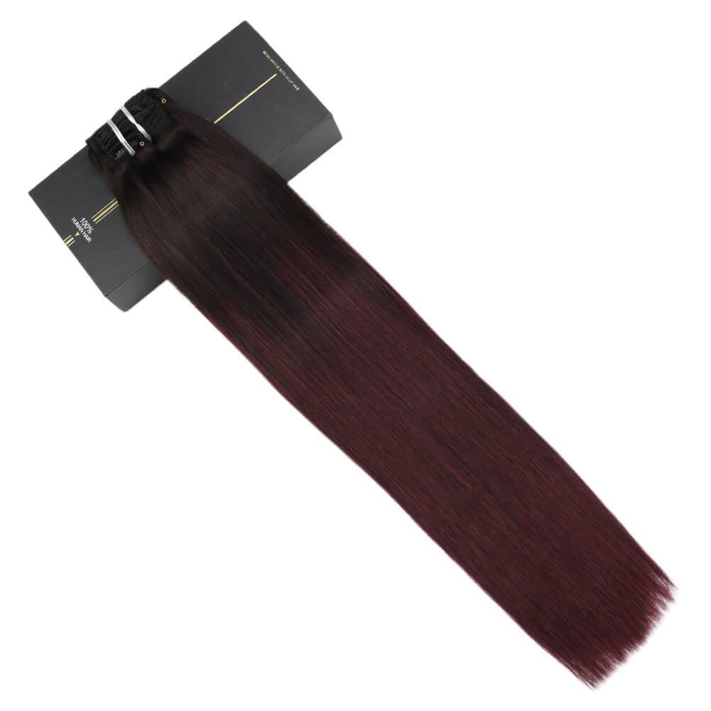 Double Weft Hair Extensions Balayage Color Off Black Ombre to Red Wine Hair Extensions