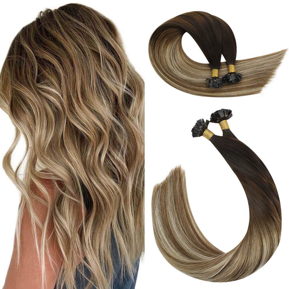 Balayage Dark Brown Ombre Medium Brown Mix Bleach Blonde 50g Keratin Hair Extensions