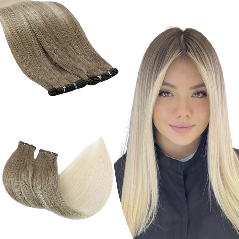 Flat Silk Weft Hair Extensions Real Human Hair Brown With Blonde #8/60