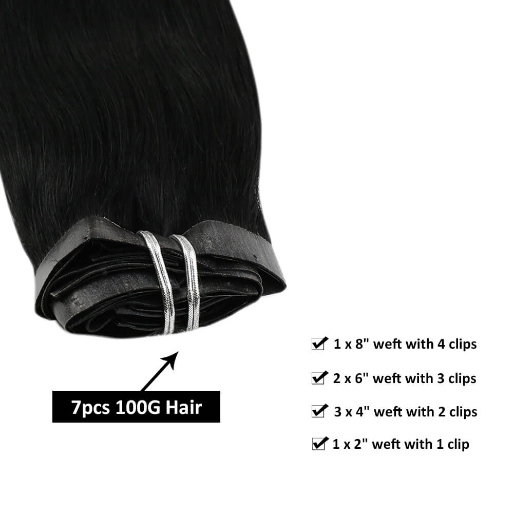 22inch Jet Black 1 Full Head Extension Thick Hair PU Clip on 7 Pieces 120g