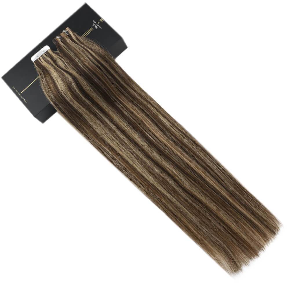 Remy Hair Tape on Extensions  4 Dark Brown Highlighted 27 Blonde