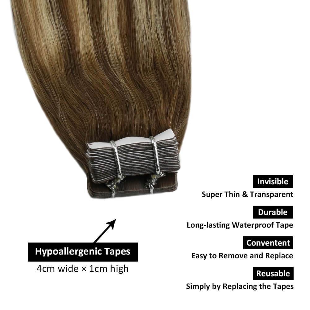 100% Human Hair Extensions Tape in 18/22/60 Brown with Blonde