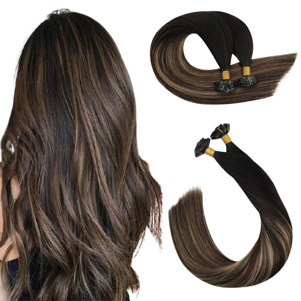Fusion Remy Hair Extensions Balayage #1B Black to #4 Brown with #27