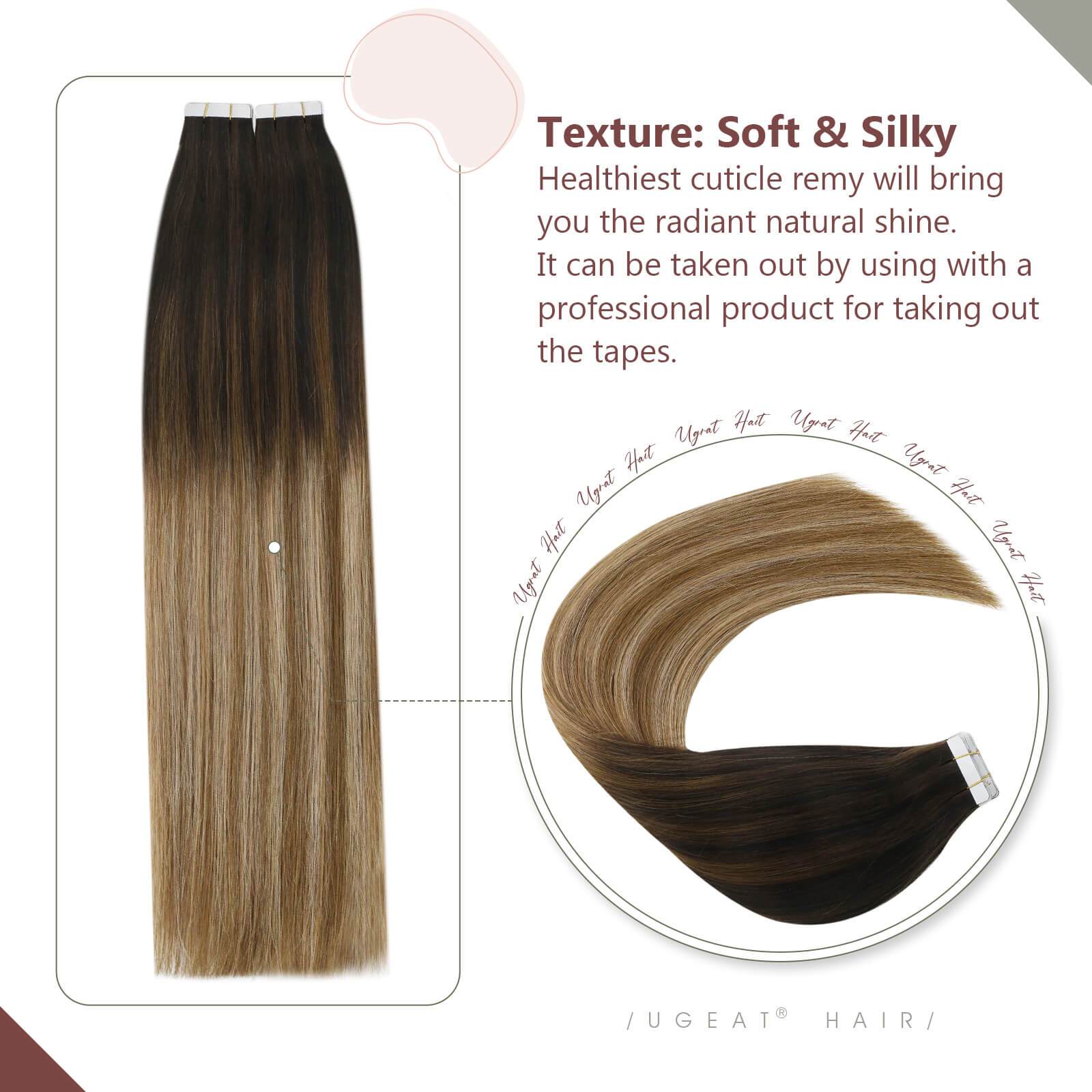 100% Human Hair Extensions Tape in Brown with Light Brown