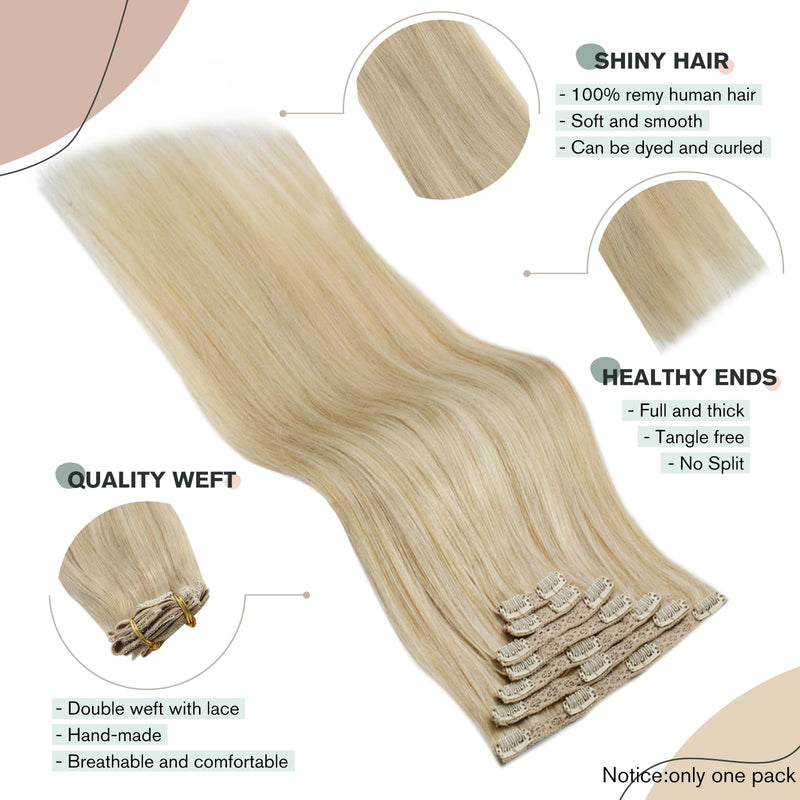 Clip in Human Hair Extensions Golden Blonde Full Head Hair #16/22