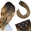 Balayage Ombre Darkest Brown #4 with Caramel Blonde #27 Full Head Clip in Remy Hair