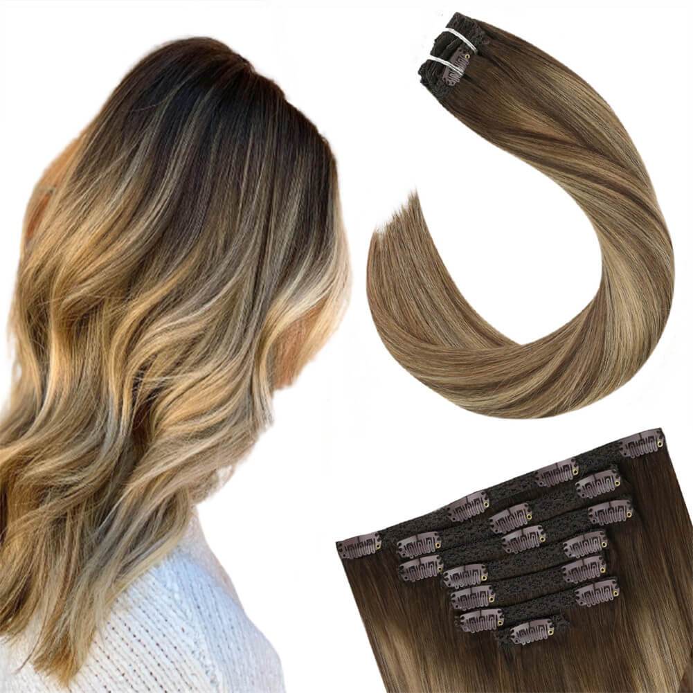 Balayage Ombre Darkest Brown 4 with Caramel Blonde 27 Full Head Clip in Remy Hair
