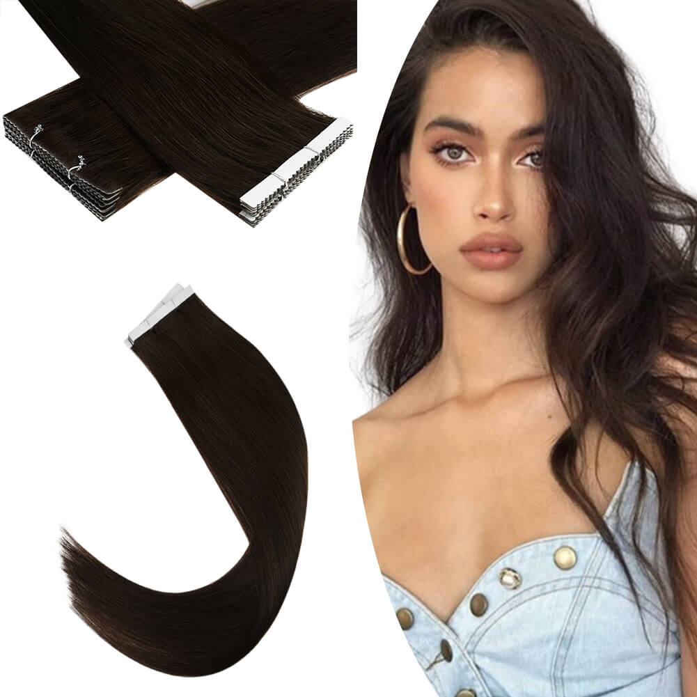 Virgin Human Hair Injected Tape in Hair Extensions Darkest Brown 2