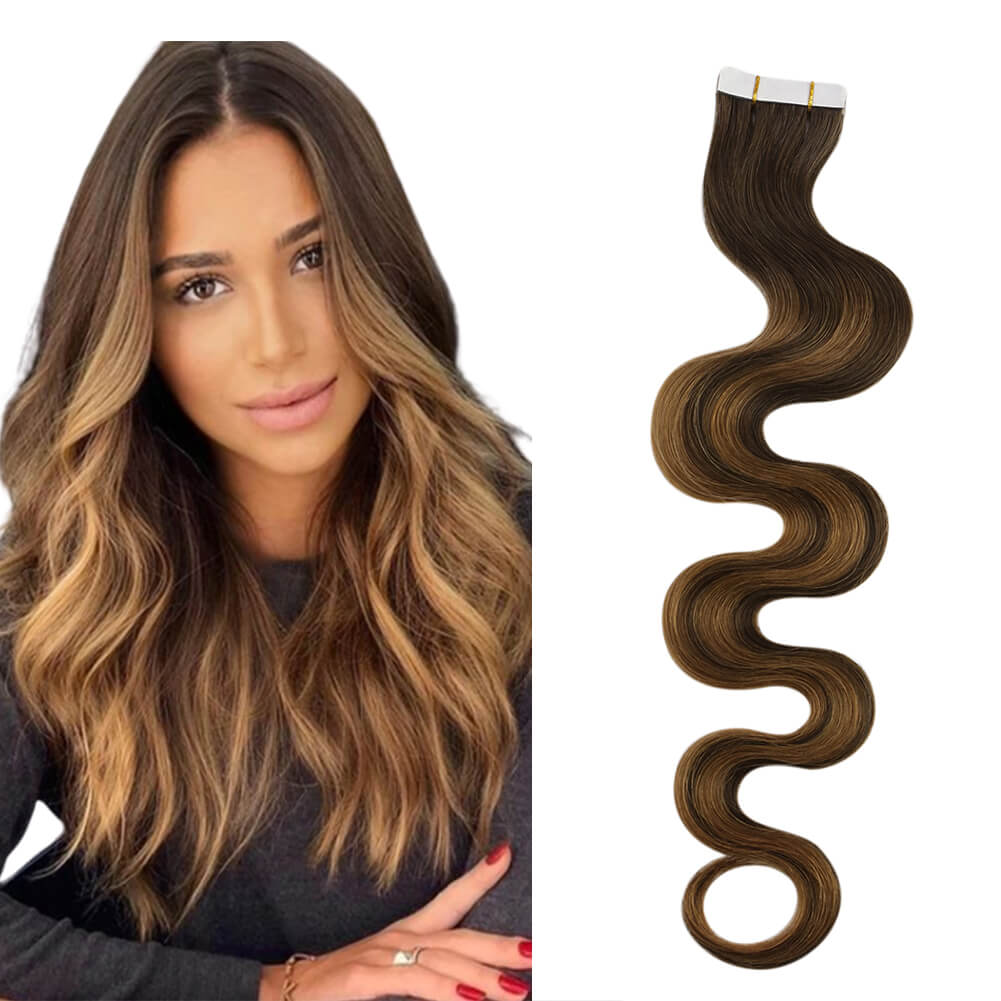 Body Wavy Invisible Tape in Hair Extensions Balayage Color #DU