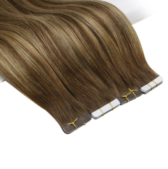 balayage brown with blonde tape in extensions