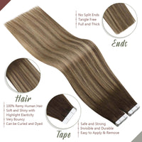 100% Human Hair Extensions Tape in #4/27/4 Brown with Blonde