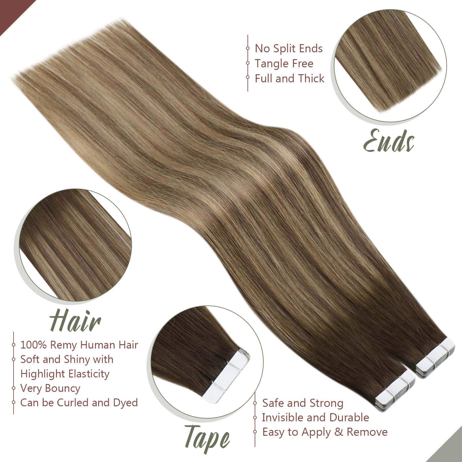 100% Human Hair Extensions Tape in 4/27/4 Brown with Blonde