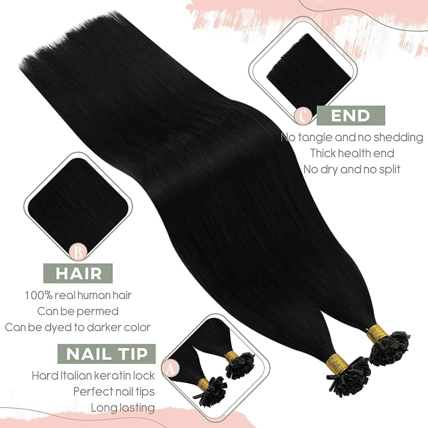 Ugeat Real Remy U Tip Hair Extensions Color 1