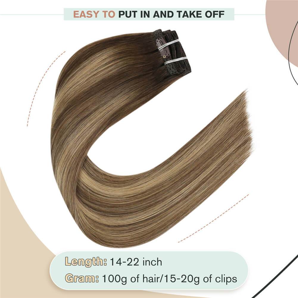 Clip in Remy Hair Extensions Human Hair Balayage Ombre Color #4/27/4 Brown with Blonde