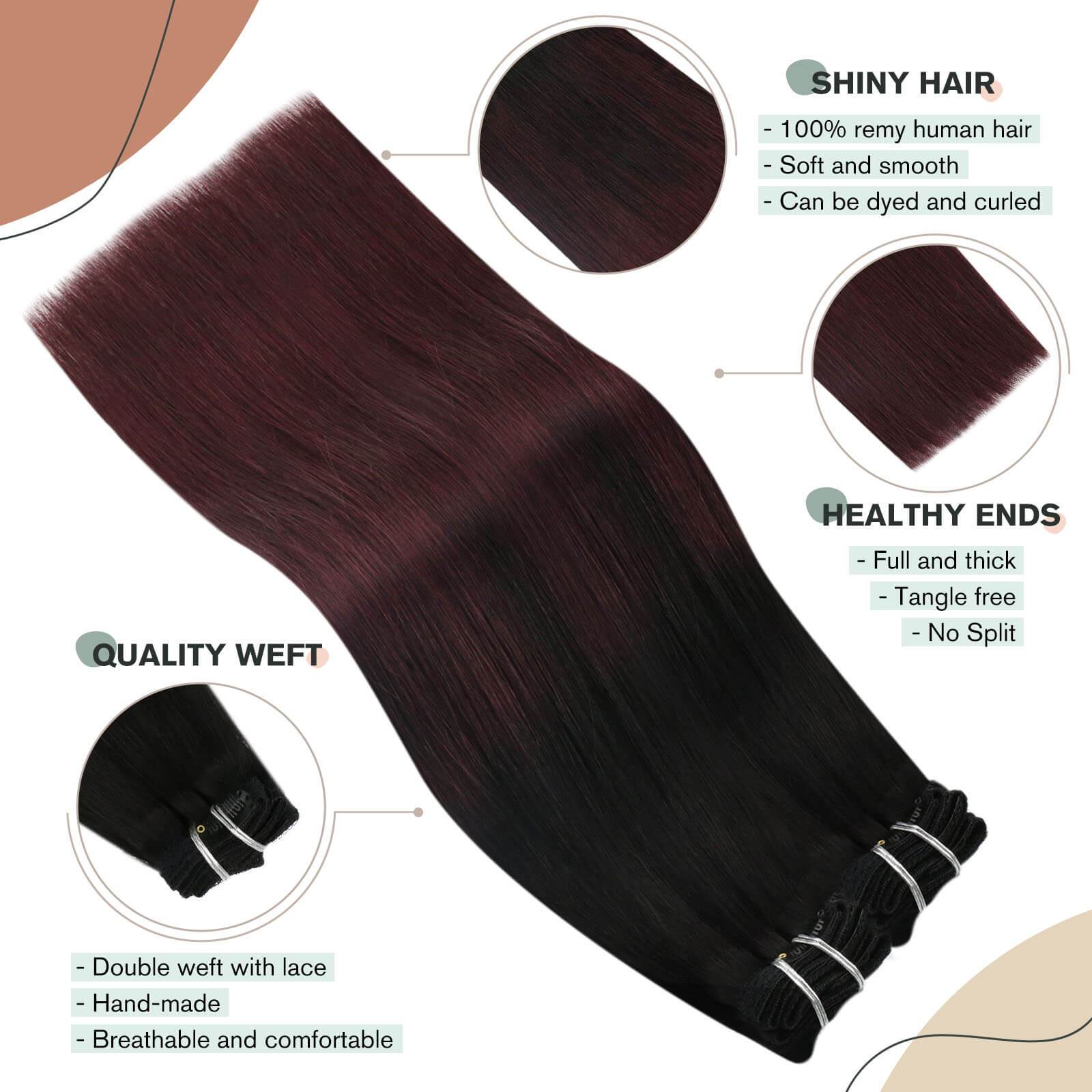 Double Weft Clip in Human Hair Extensions Off Black to Wine Red #1B/99J