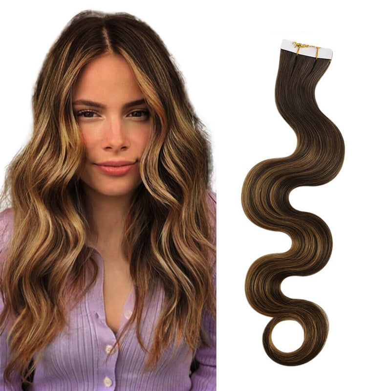 Seamless Inject Tape in Hair Extensions Virgin Hair Body Wave Balayage #4/27/4