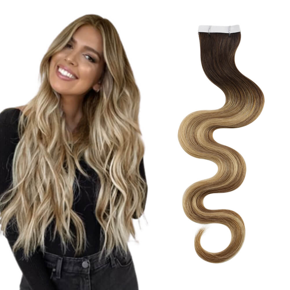 Beach Wave Virgin Seamless Injection Tape in Hair Extensions Balayage Color 3/8/22