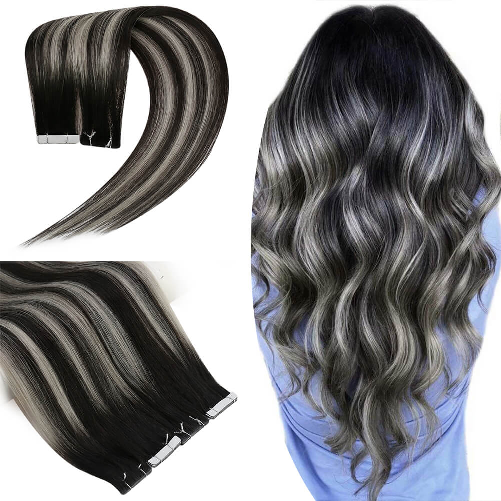 Balayage Invisible Injection Tape in Hair Extensions For Black Hair 1B/Silver/1B