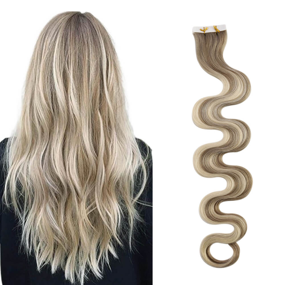 Beach Wavy Invisible Injection Tape in Extensions Human Hair Balayage #8/8/613