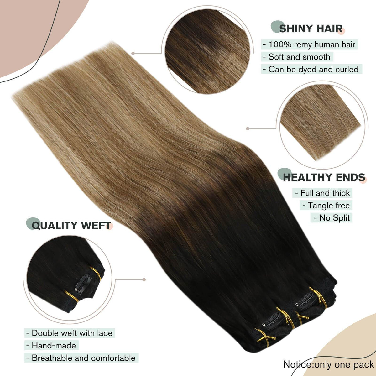 #1B Black to #6 Brown with #16 Blonde 10Piece Clip on Real Human Hair Extensions