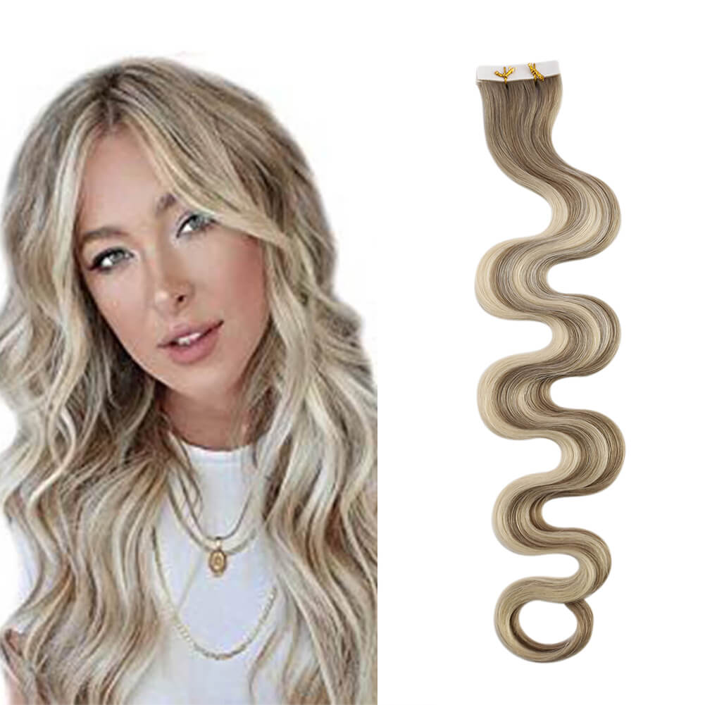 Beach Wavy Invisible PU Tape in Extensions Human Hair 8/8/613